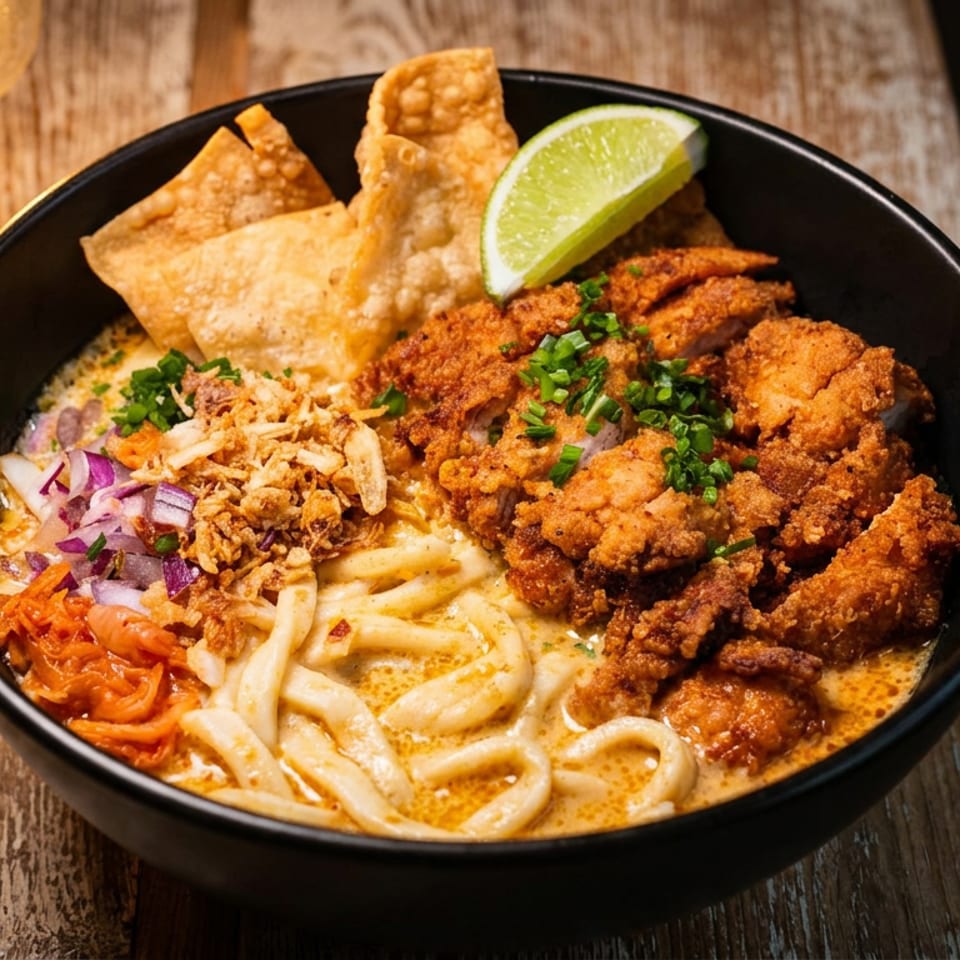 Black bowl of creamy noodles topped with crispy fried chicken, wonton chips, herbs, vegetables, and a lime wedge on a wooden table.