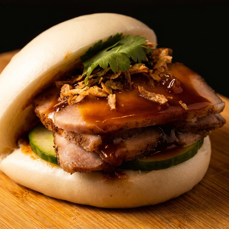 Steamed bao bun filled with glazed pork belly, cucumber slices, crispy onions, and cilantro on a wooden board.