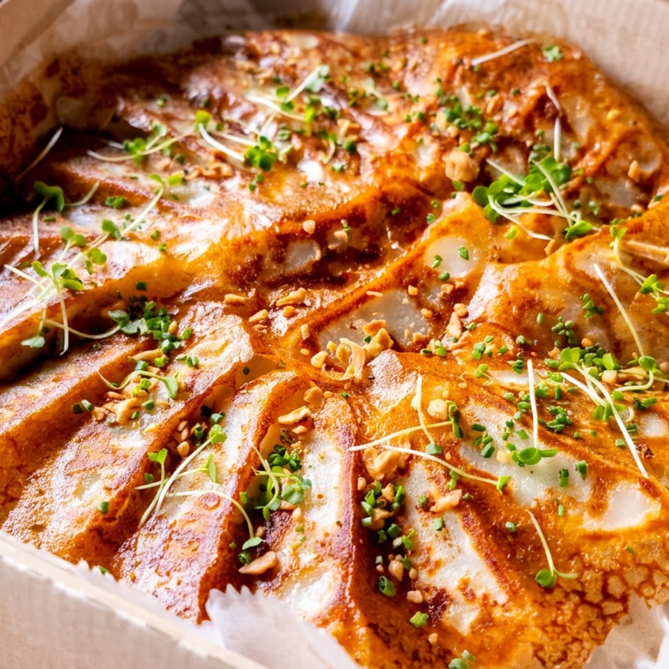 Sliced golden-brown savory pancake topped with microgreens, chopped scallions, and crushed peanuts in a parchment-lined box.