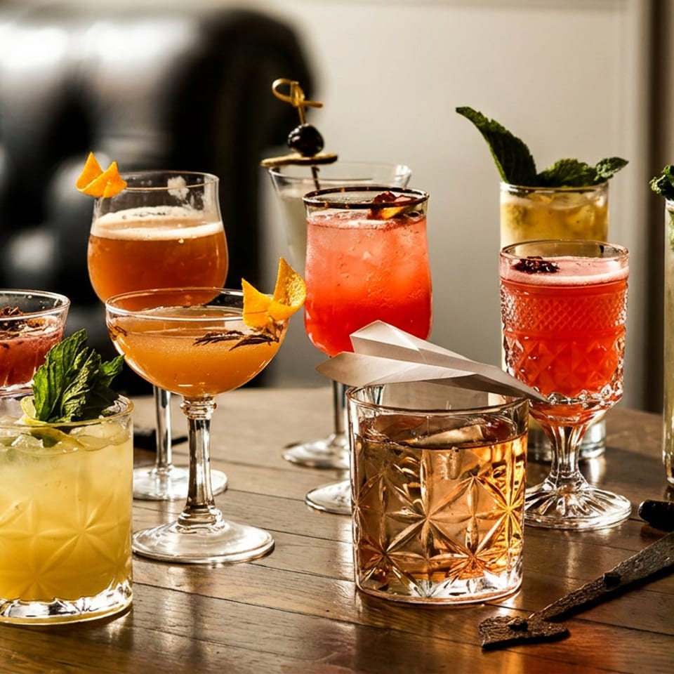 Assortment of colorful cocktails garnished with citrus, herbs, cherries, and cucumber on a wooden restaurant table.