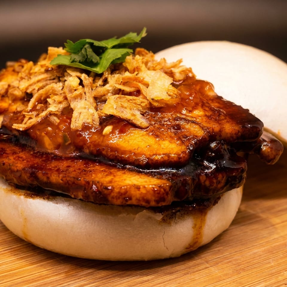 Glazed burger topped with crispy fried onions and cilantro, served on a wooden board with a bun behind it.