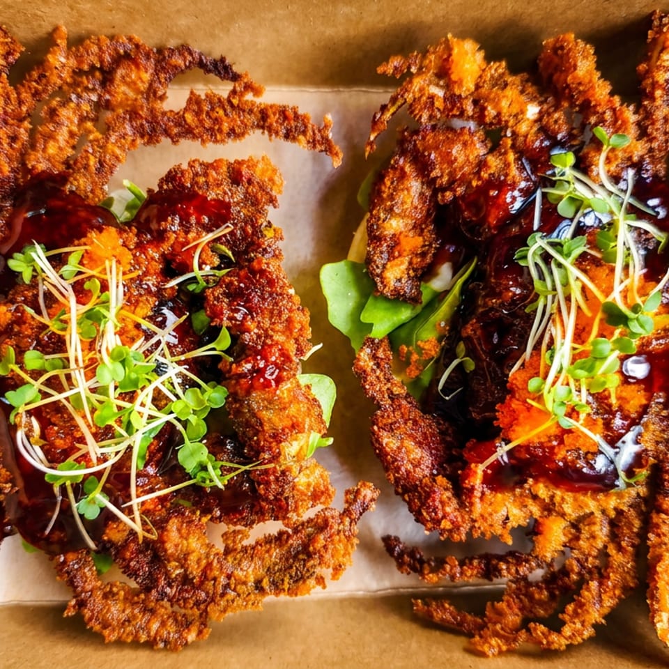 Two crispy fried sandwiches topped with glossy sauce, orange vegetables, and fresh microgreens in a cardboard takeout box.