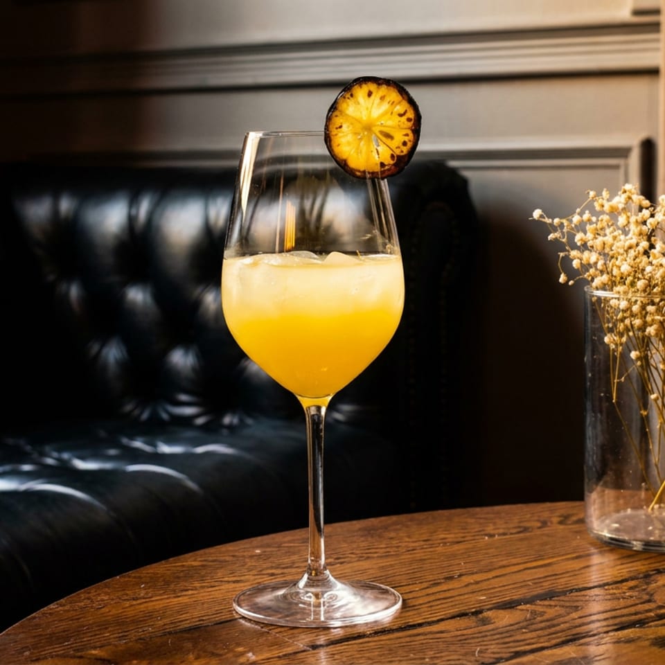 Golden citrus cocktail in a stemmed glass garnished with a dried lemon slice, beside dried flowers on a wooden table.