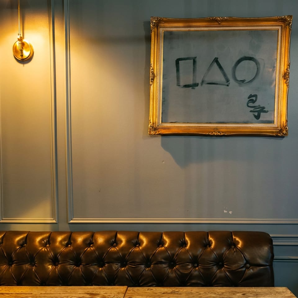 Elegant restaurant interior with a tufted brown leather banquette, wooden table, ornate gold-framed abstract artwork, and warm wall lighting.