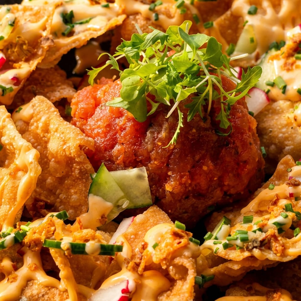 Crispy tortilla chips topped with creamy sauce, vegetables, herbs, and a central fried, saucy filling on a black plate.