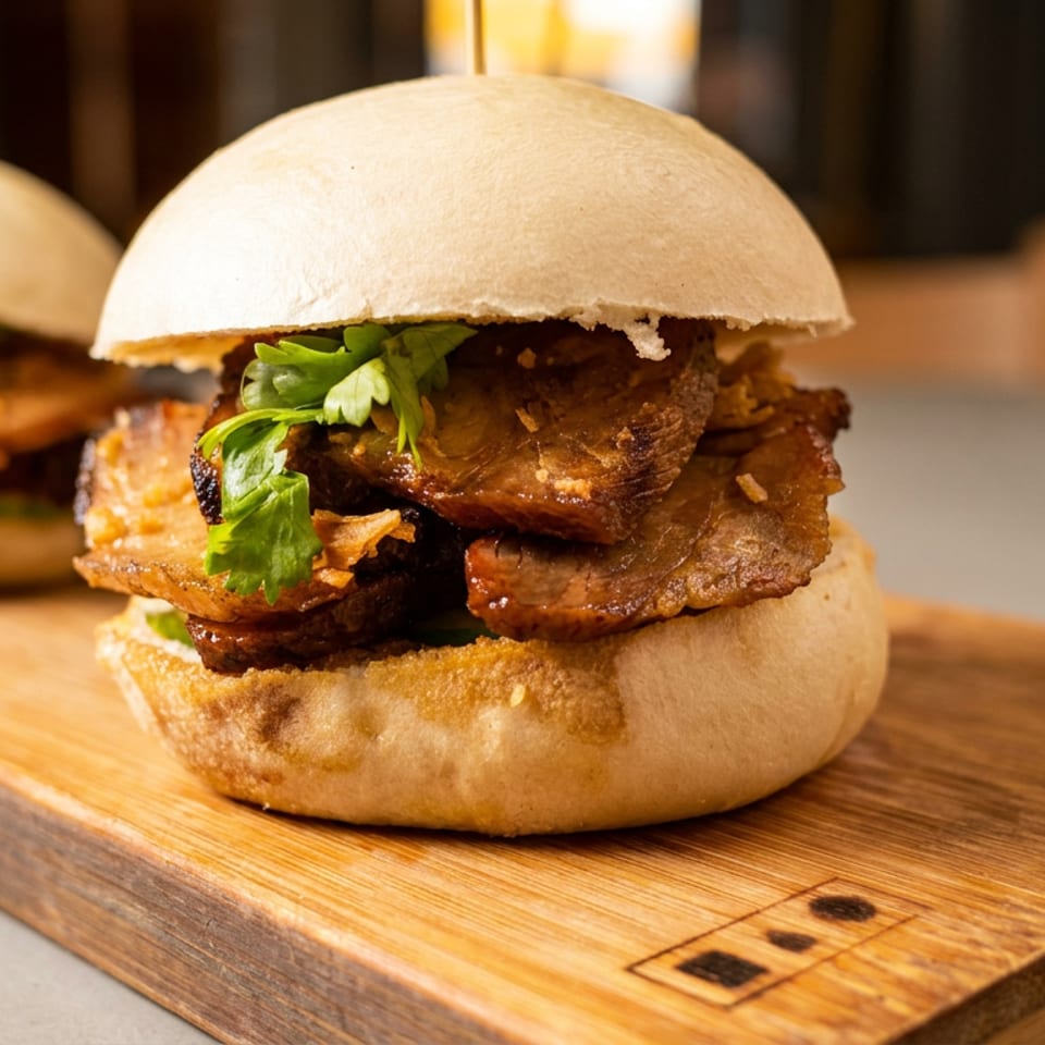 Two toasted sandwiches with crispy meat, fresh herbs, and soft buns arranged on a wooden serving board.
